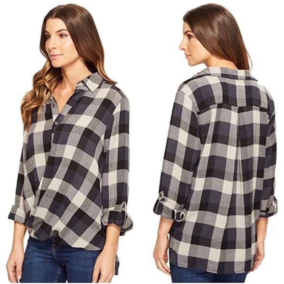 Blank NYC Tops - BlankNYC Blue and Tan Drape Twist Front Plaid Tunic S NWT